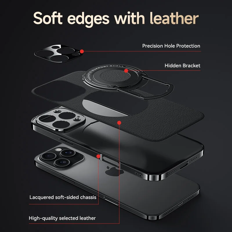 Capa de telefone de couro magnético com suporte para iphone 16 pro max 15 14 13 suporte de telefone para magsafe carga sem fio capa dura