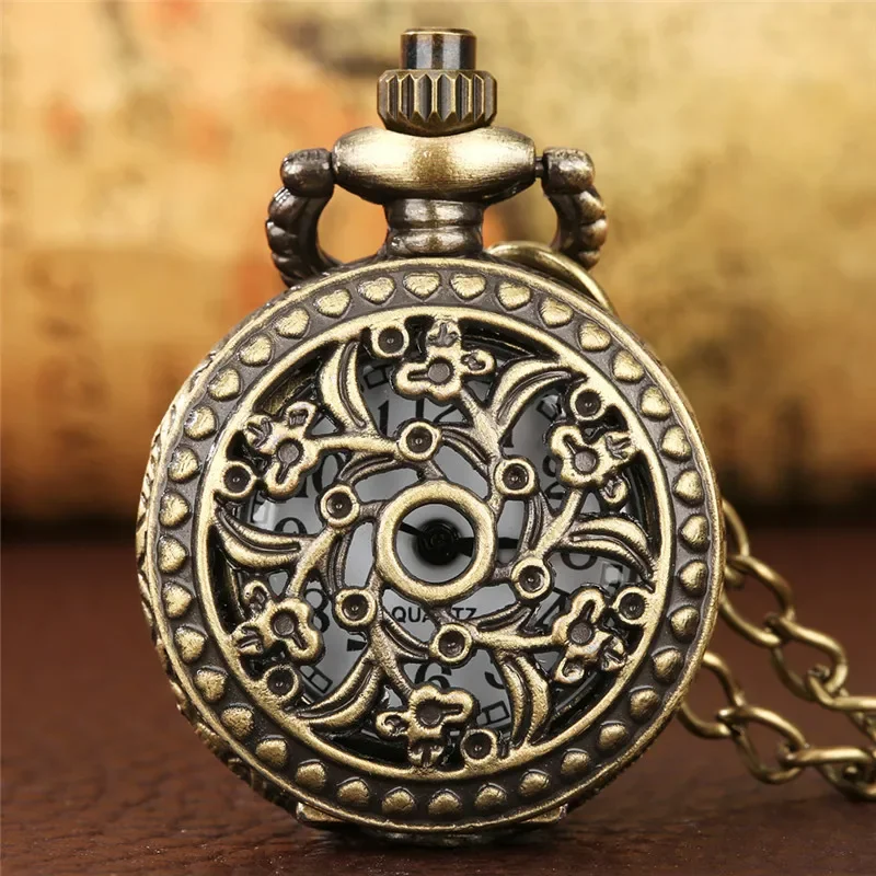 Vintage Style Half Hunter Hollow Flower Case Unisex Arabic Number Quartz Analog Pocket Watch with Necklace Chain Collectable