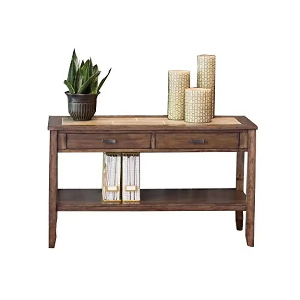 Industries Mesa Valley Sofa Table Poplar Solids Oak Veneers Ceramic Tile Rustic Styling Drawer Storage Antique Brass Glides