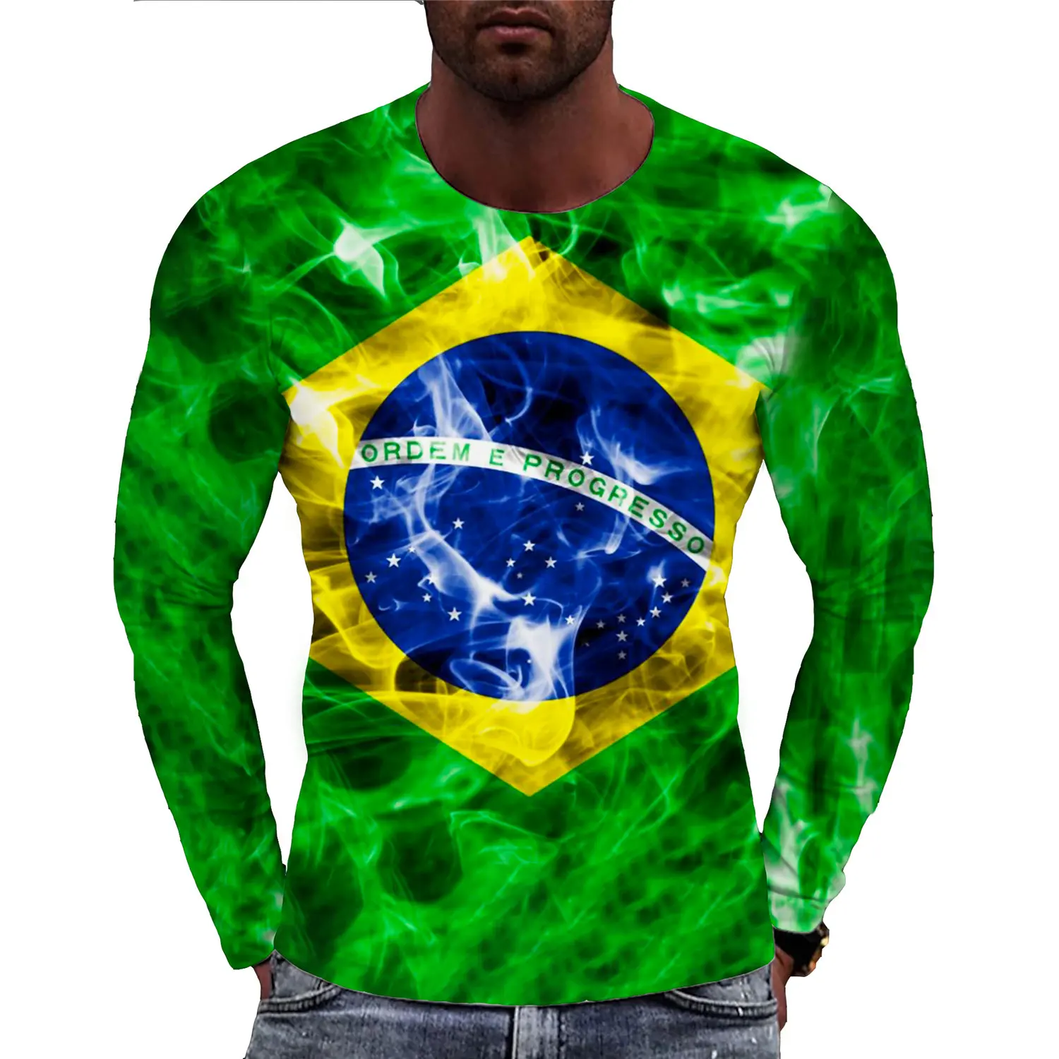 2022 Newest Hip Hop Style Brazil Men\'s 3D T-shirt Brasil Flag Printing Long Sleeved Casual Pullover Fashion Sports Tee