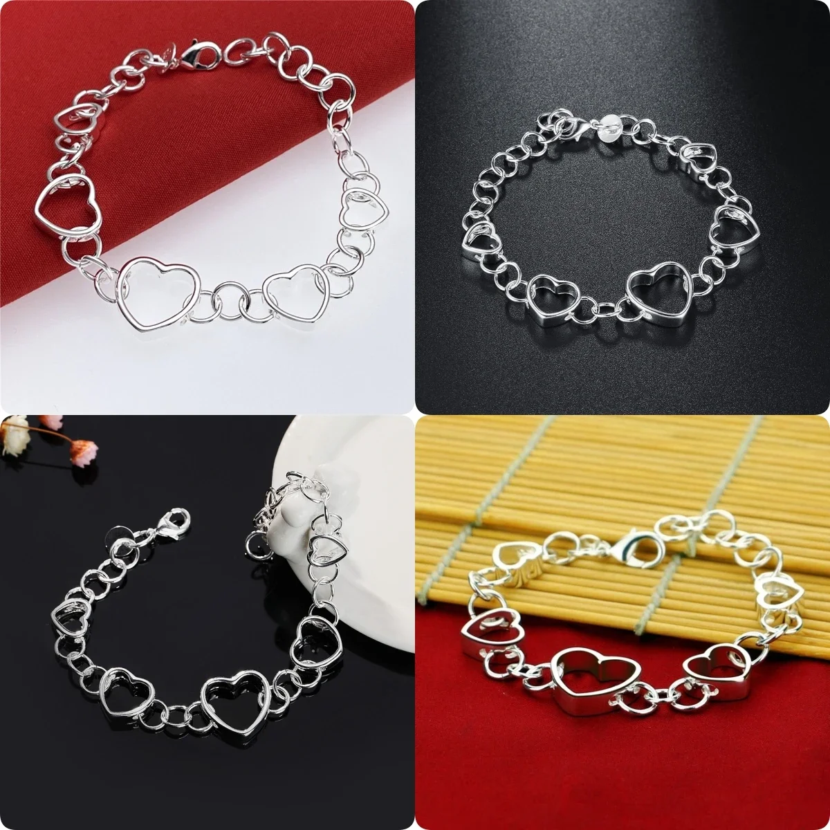 

1pcs Nice 925 sterling silver heart Bracelets for woman men lady luxury Fashion Party Wedding Jewelry Christmas Gifts 20CM