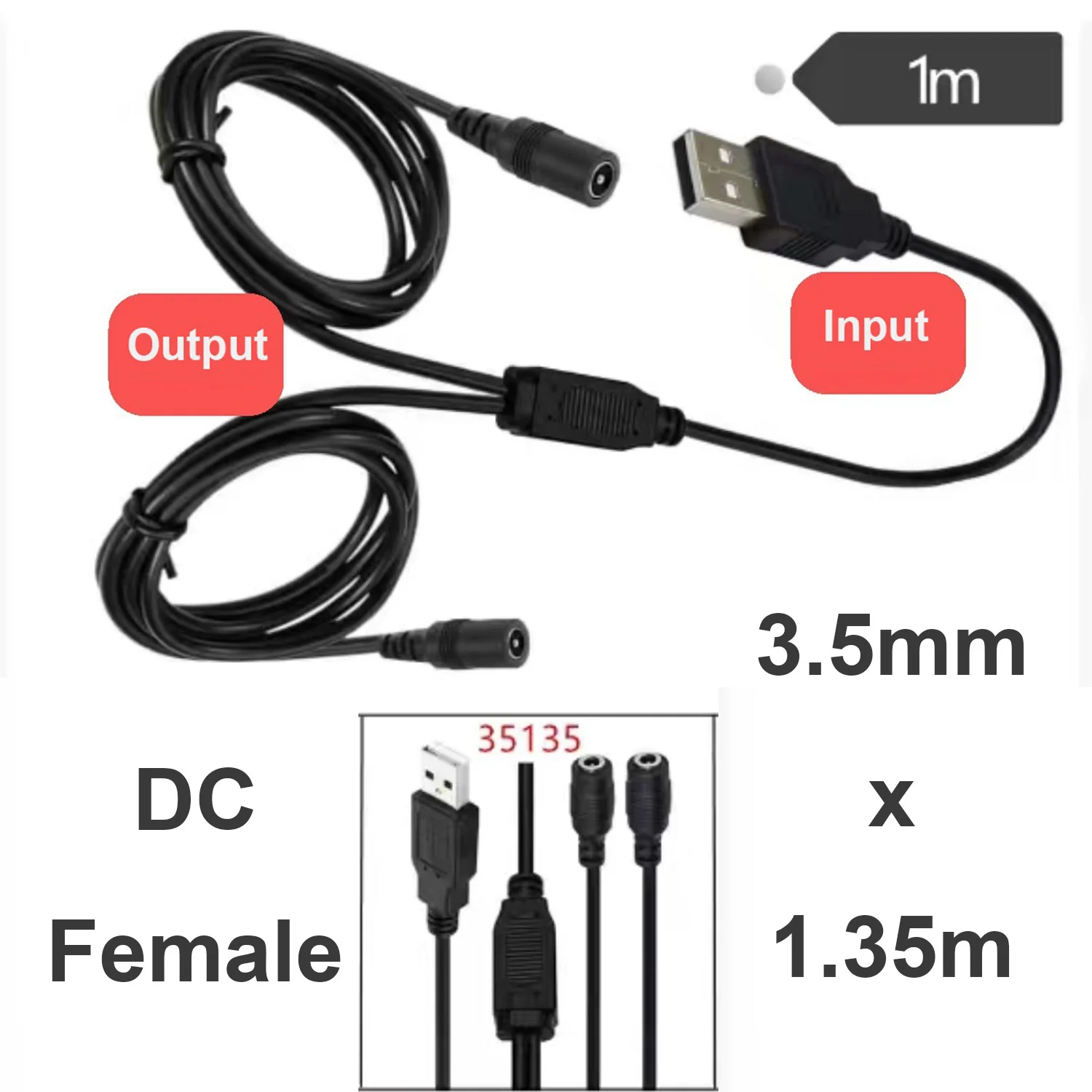 

1pc 1M USB to Dual DC 3.5mm x 1.35mm Power Cable 5V 3A - Fast Dual Splitter Charging for IP Camera Baby Monitor LED Lights 35135