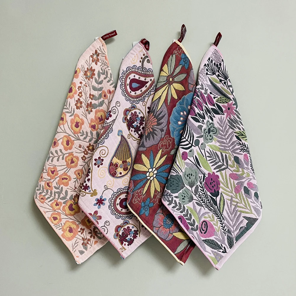4 Layer Cotton Gauze Decorative Pure Cotton Dish Cloth Quick Dry Tea Towel 38x40cm Retro Floral Large Hand Towel Home Restaurant