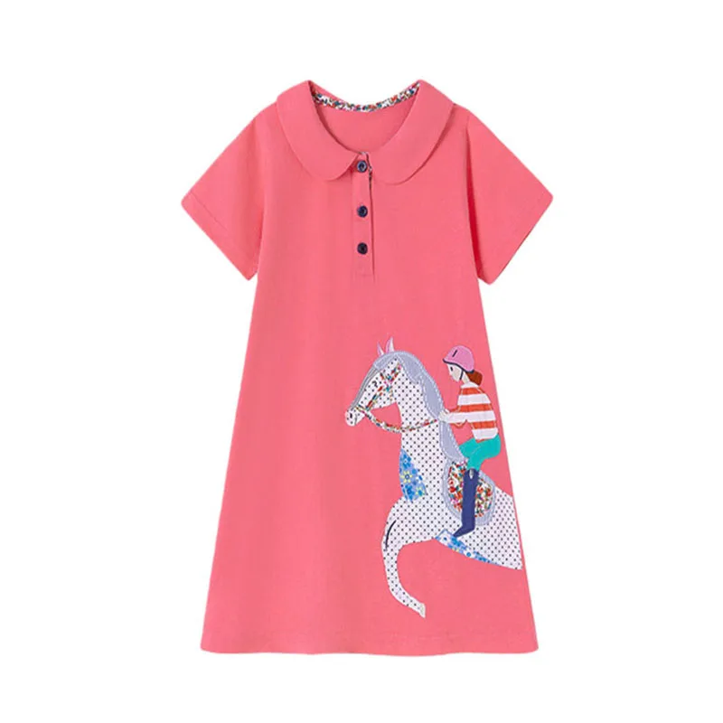 

Horse Applique New Girls Dresses With Collar Animals Embroidery Hot Selling Summer Kids Clothing Short Sleeve Baby Frocks