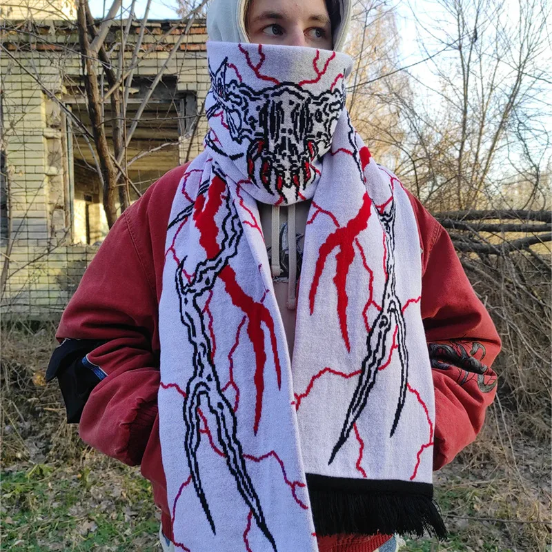 Dzianinowy szal damski Szal zimowy Fartuch Czarny szal z graffiti czaszki Nieregularny wzór Szal dziergany Retro Dwustronny