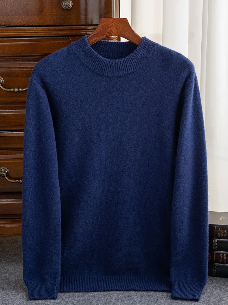 100% Cashmere Men's Thick Pullover Mock Neck Sweater High Quality Solid Smart Casual Jumper Cashmere Knitwear Winter Clothing