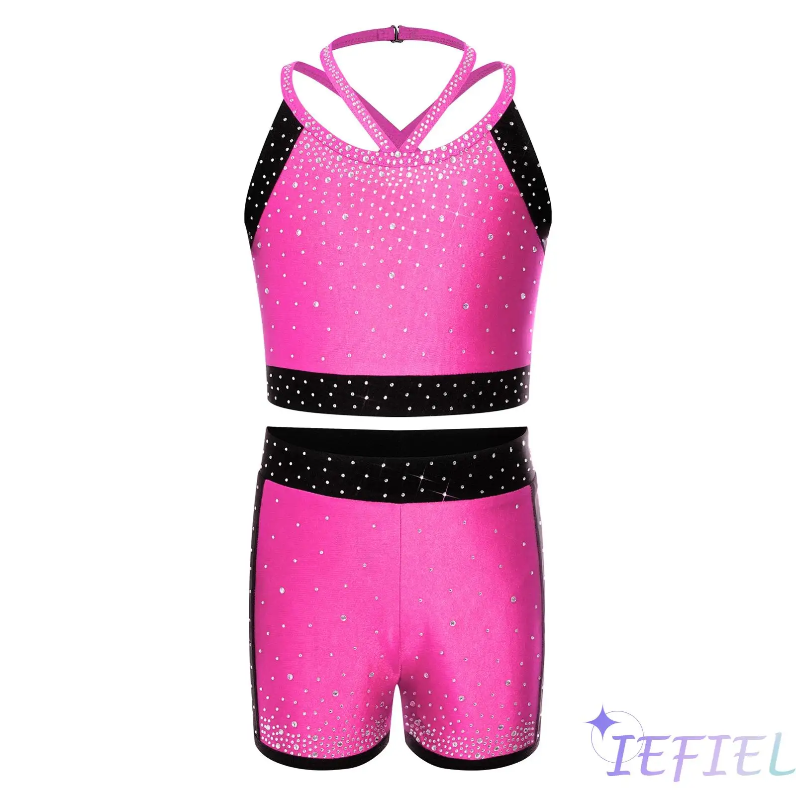 

Kids Girls Shiny Rhinestone Gymnastics Ballet Dance Set Halter Cross Back Crop Top with Shorts for Ice Skating Dance Performance