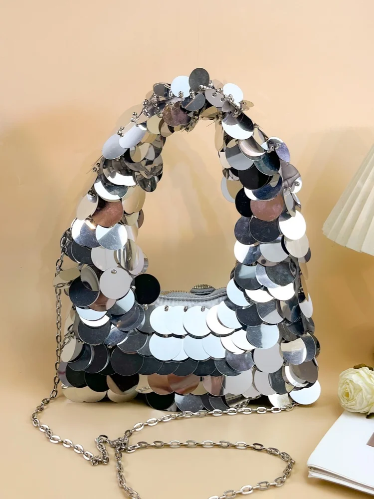 New Blingbling Silver Sequin Chain Decoration Banquet Bag French Style Luxurious Underarm Bag Women Wedding Party Shoulder Bags
