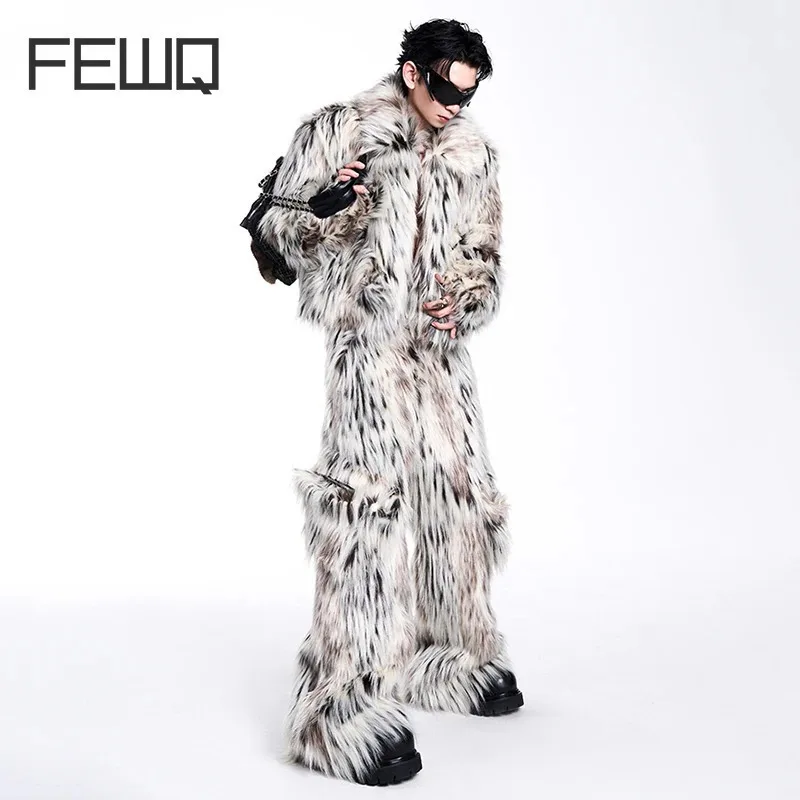 FEWQ 2024 Winter New Men Two-piece Niche Fur Plush Long Sleeved Coats Large Pocket Decoration Casual Trousers Men\'s Suit 24E5008