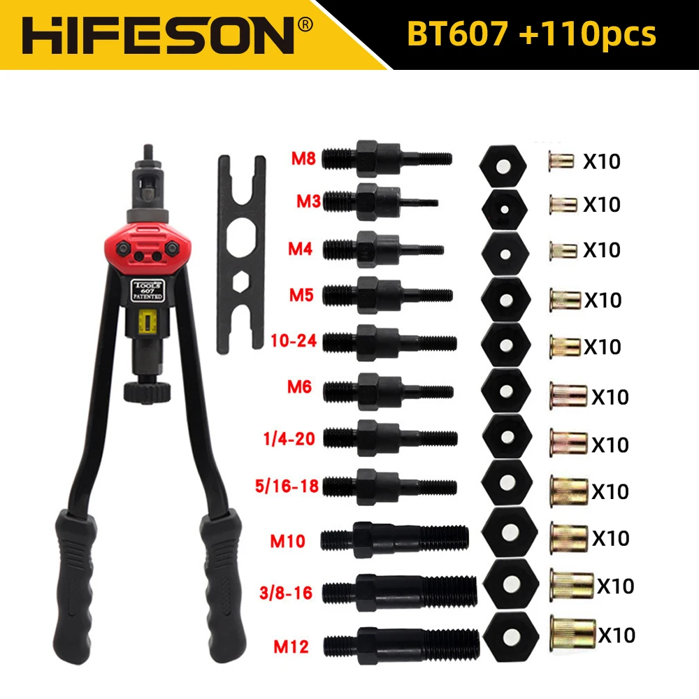 BT-607 Main Fileté Rivet Kg Outil Rivcirculation avec 110pcs Rivet Kg M3 figuré M5 M6 M8 M10 M12 1/4 10-24 5/16 3/8 Rivnut Rivet Outil