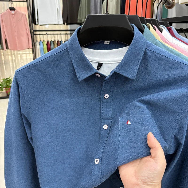 

men's cotton100% autumn high quality shirt lapel embroidery pocket long sleeves leisure business skin-friendly men clothing top