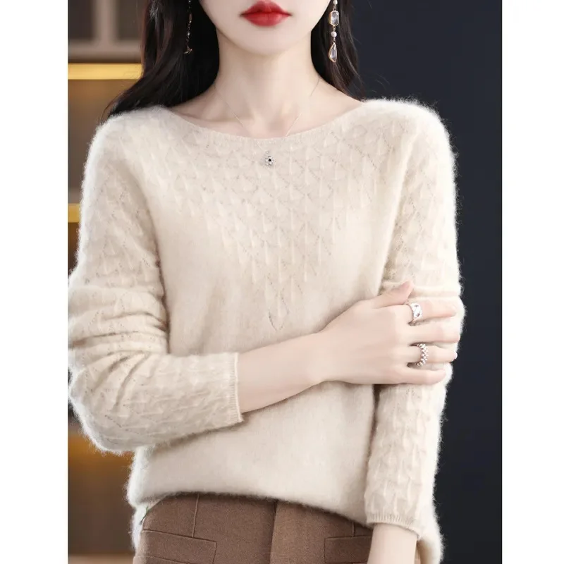 Pulôver de caxemira com decote em o, suéter 100% lã merino, malha básica, manga comprida, top de roupas femininas, primavera, outono, novo