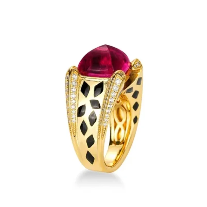Bellux 925 Silver Gold Plated Synthetic Zircon Ruby Red Pyramidal Sugar Loaf Cut Leopard Print Ring