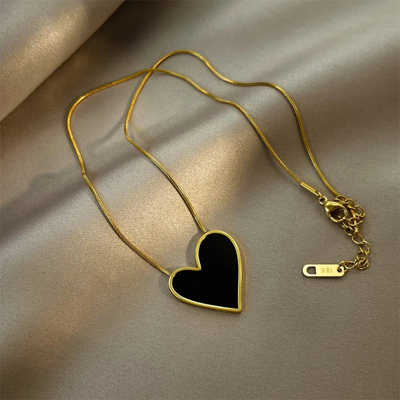 OIMG 316L Stainless Steel Gold Color Korean Sweet Balck Irregular Heart Big Pendant Necklace For Women Girls Temperament Gifts
