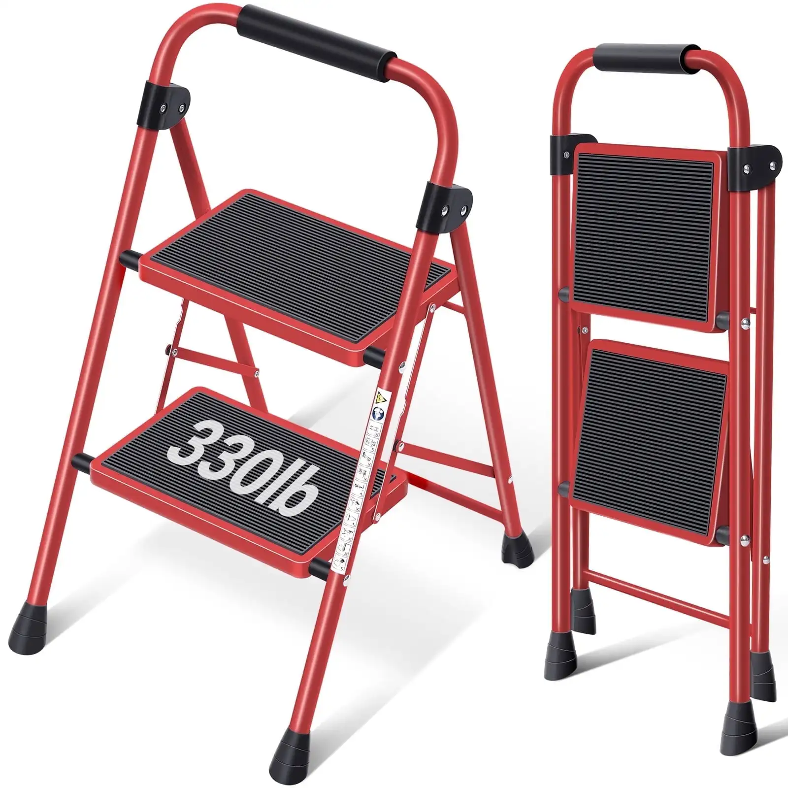 Folding Step Stool 2 Step Household Steel Ladders with Handgrip 330lbs Capacity Red Easy To Fold and Store