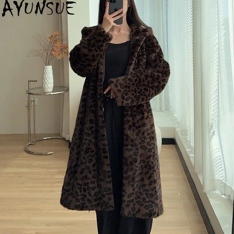 AYUNSUE Whole Mink Fur Coat Woman Mid-length Fur Jacket Winter Outerwears Hooded Tops Leopard Print Woman Clothes Vestes Femmes
