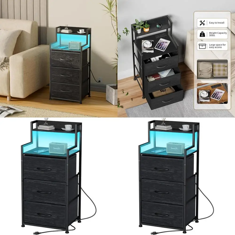 

Черная тканевая прикроватная тумбочка с 3 ящиками, подсветкой и зарядной станцией для спальни и общежития