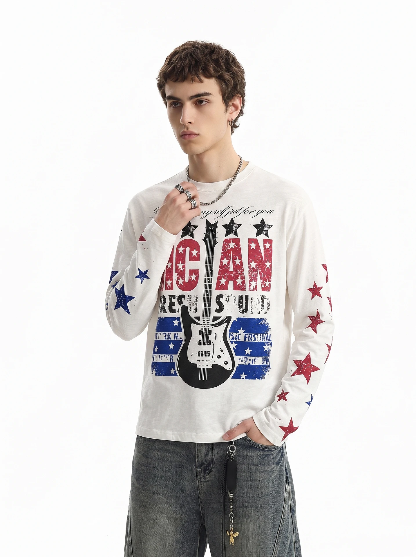 BETEBULE American Style Long Sleeve T-Shirt Men's Vintage Subculture Wide Body Print Guitar Star Design Casual Autumn Top