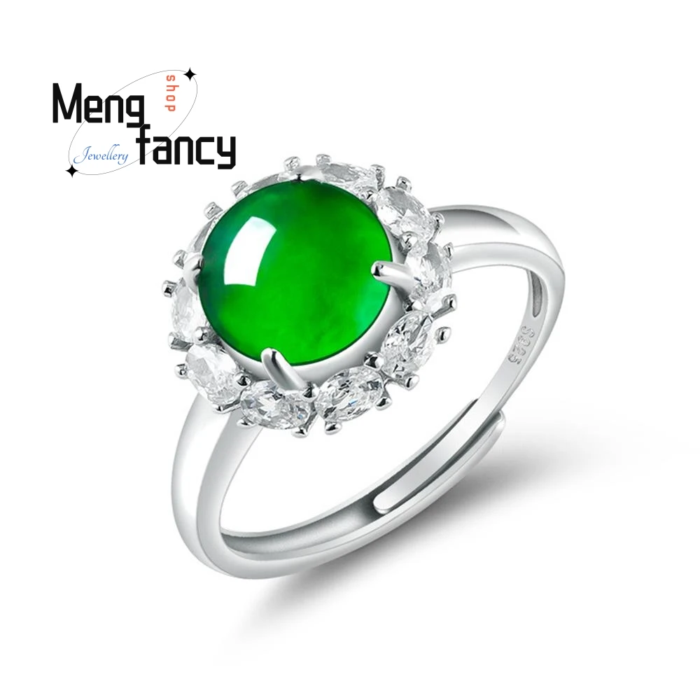 

S925 Silver Inlaid With Natural A-good Jadeite Yang Green Large Egg Surface Ring Ice Jade Fashion Simple Luxury Quality Jewelry