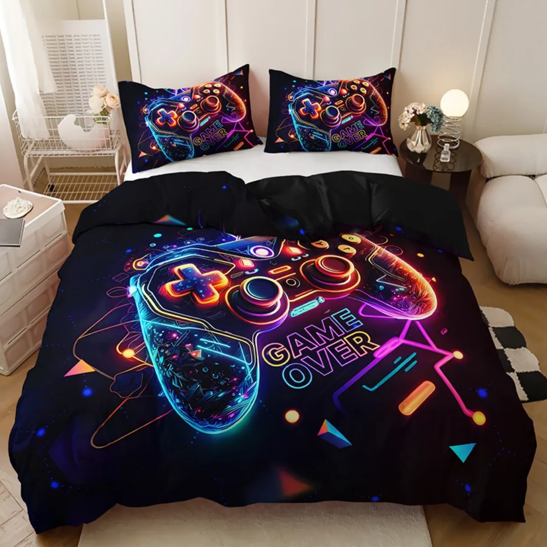 3-delige gekleurde gamepad bedrukte beddengoedset Gezellig comfortabel dekbedovertrekset King Queen Twin Size Verjaardagscadeau Slaapkamerdecoratie