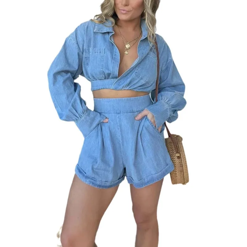 Summer Women's Fashion Deep V Long Sleeve Denim Shirt & Sexy Shorts Set Temperament Commuting Female Casual Short Pants Outfit