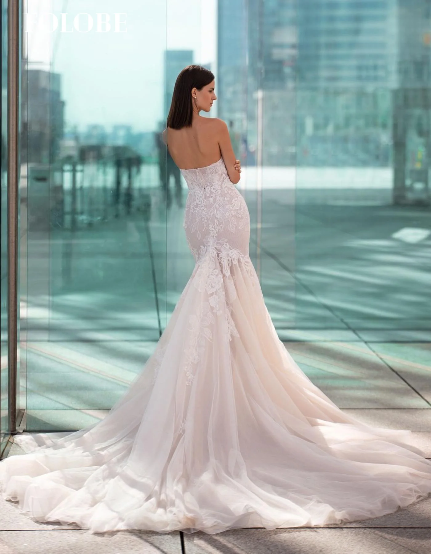 FOLOBE blanc bretelles sirène avec dentelle élégante sans manches robes de mariée balayage Train robe de mariée vestidos de noche personnalisé