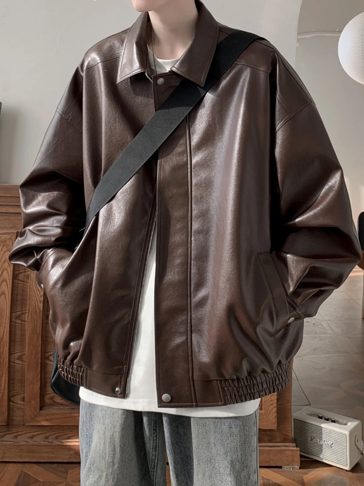 

Мужская куртка из искусственной кожи в американском ретро-стиле, весна-осень, свободный крой, повседневная, с воротником-стойкой, на молнии, модный бренд