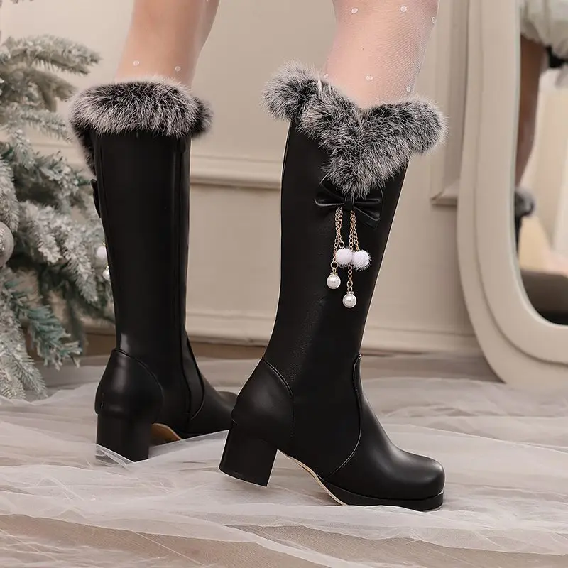 

Girseaby Sweet Women's Knee Boots Round Toe 5cm Block Heel 1.5cm Platform Zipper Bowknot Warm Plush Big Size 47-48 Winter Style