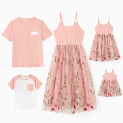 PatPat Family Matching Solid Color/ Raglan Sleeves Tee and Pink Cami Embroidered Tulle Strap Dress Sets