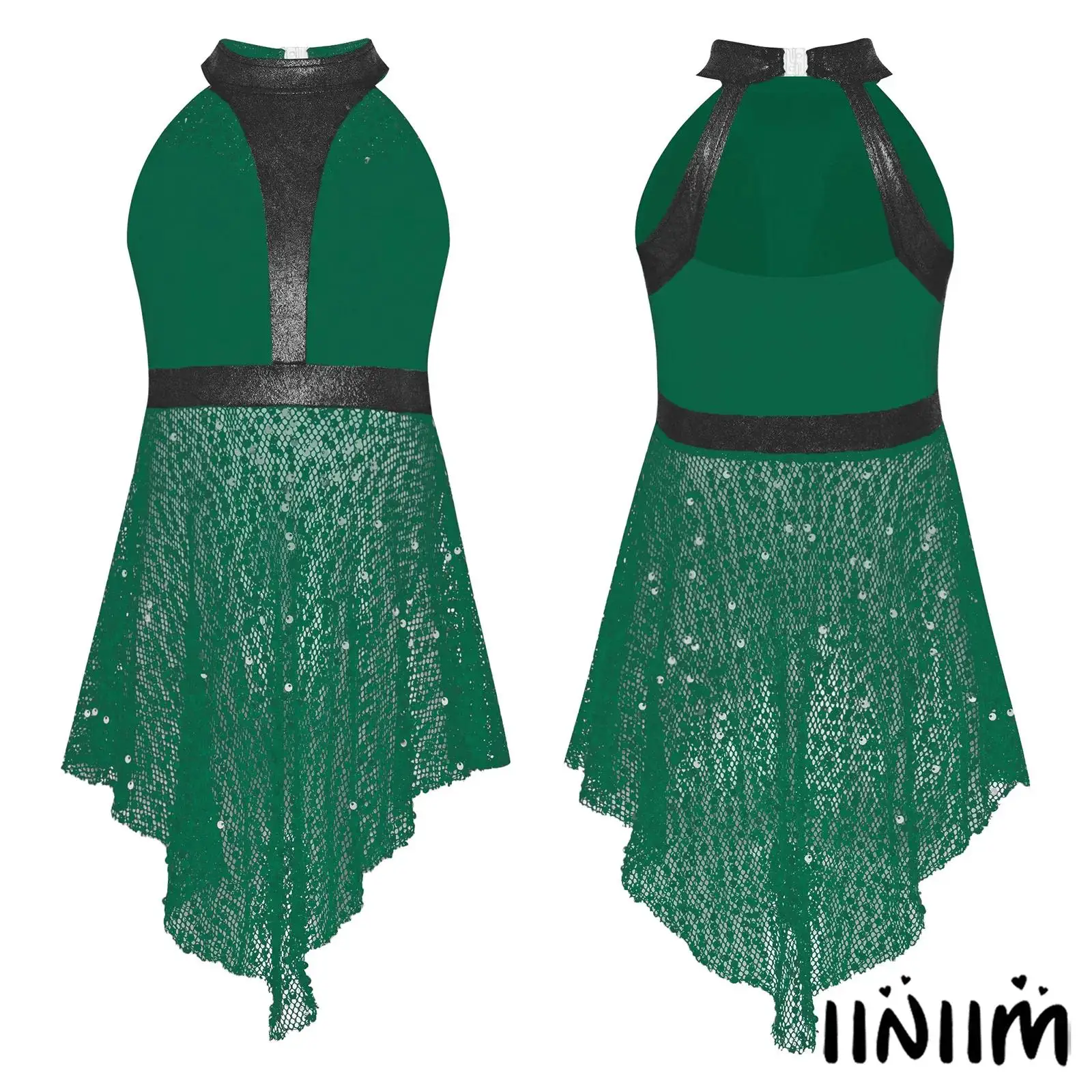 

Kids Girls Sequin Mesh Jazz Dance Irregular Hem Top Sleeveless Cutout Back Round Neck for Parties Stage Performances Dancewear
