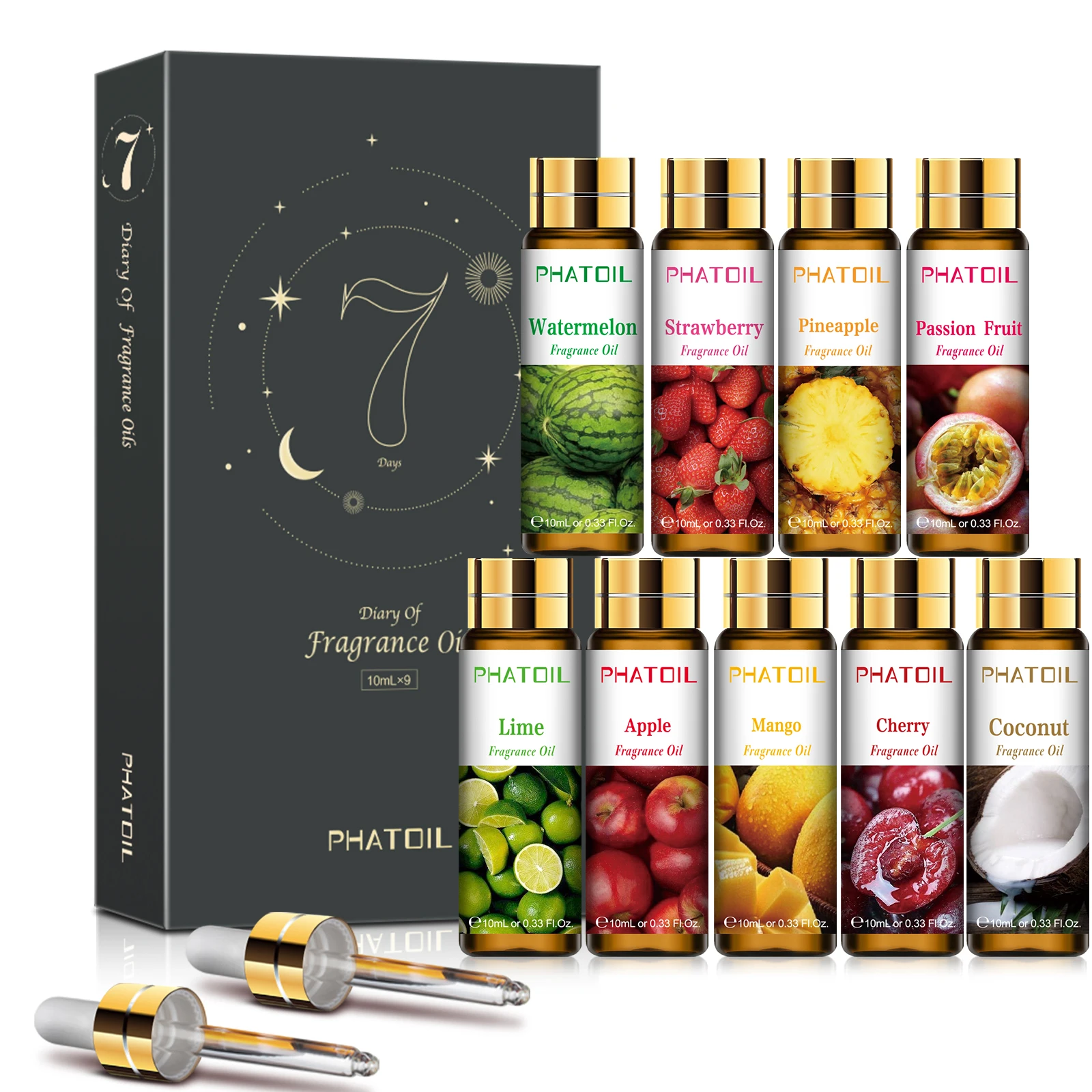 

PHATOIL 9PCS Aromatherapy Fragrance Oil Gift Set-10ml Lime Apple Mango Strawberry Watermelon Cherry Coconut Aroma Essential Oils