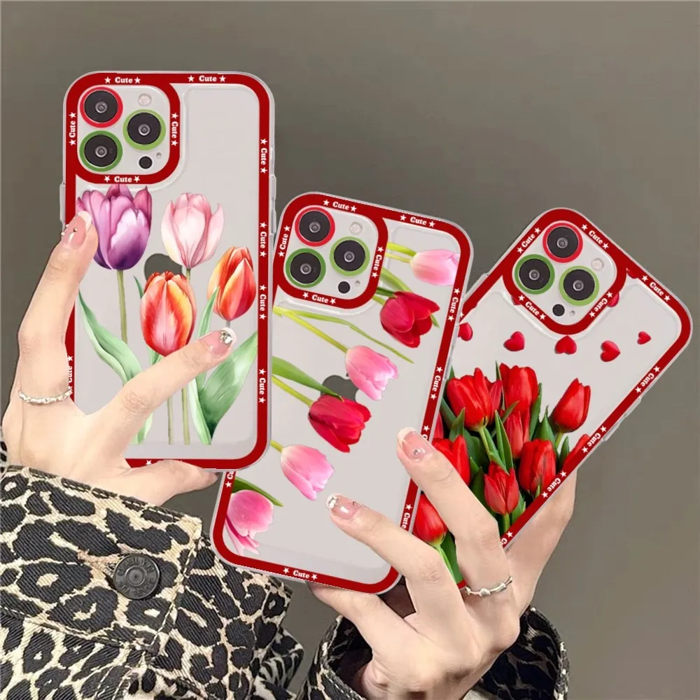 Red poppies tulip rose Phone Case For iPhone 15 11 12 13 14 Mini Pro Max XR X XS TPU Clear Case