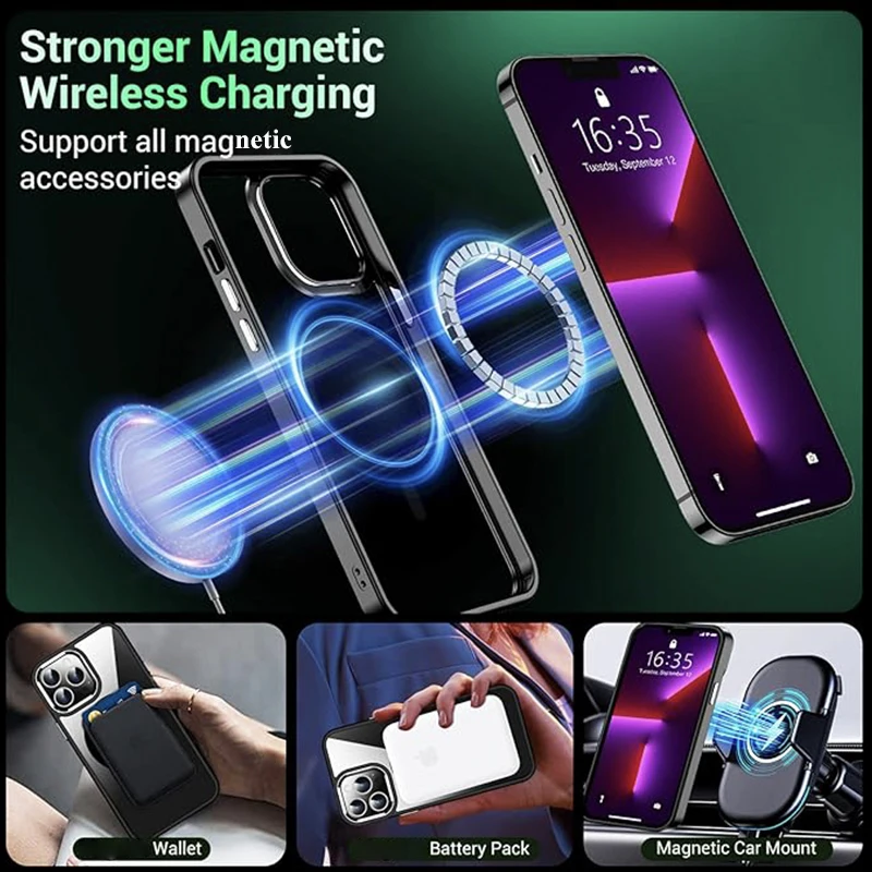 Clear Black Strong Magnetic Phone Case 3 in 1 with Screen Protector for iPhone 15 14 Pro Max Plus 12 13 Mini 11 Shockproof Cover