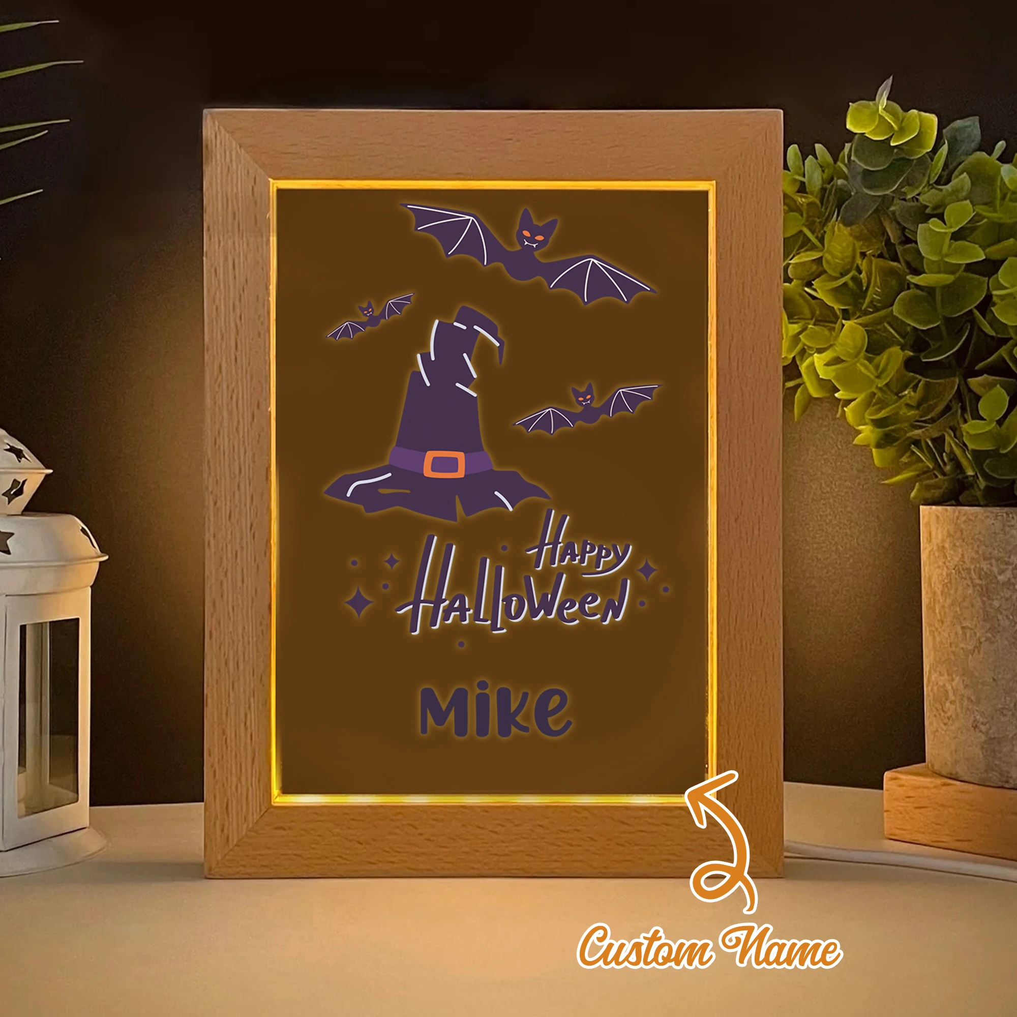 

2D Flat Custom Name Witch Hat Bat LED Acrylic Night Light Wood Photo Frame 21x17cm Halloween Bedroom Gifts Home Decoration