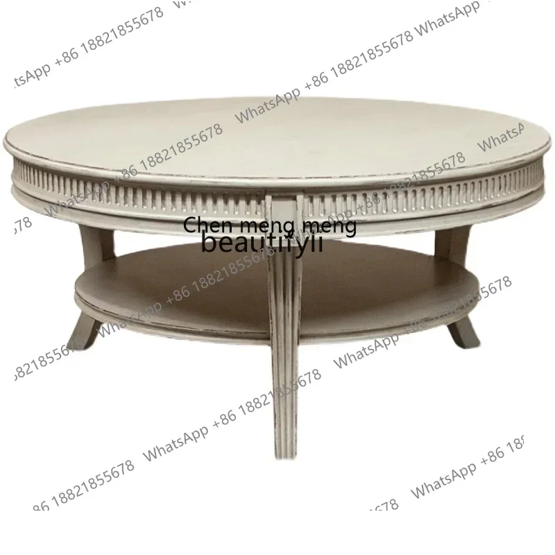 cc182French solid wood round coffee table living room casual tea table old log neoclassical wood carved round coffee table R