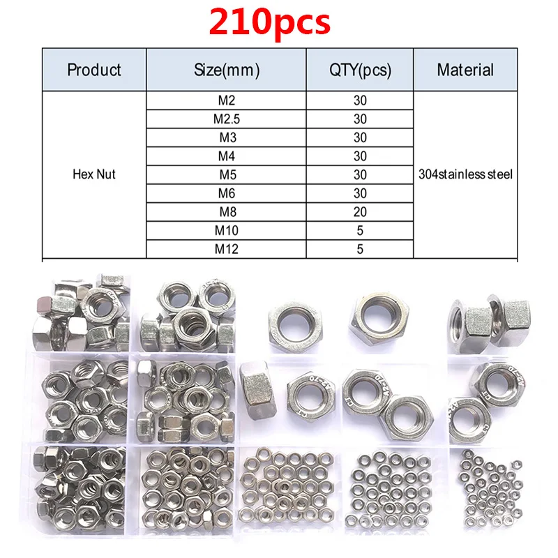 Tuerca hexagonal de acero inoxidable, juego de tuercas hexagonales de latón, cobre, acero al carbono, negro, M2, M2.5, M3, M4, M5, M8, M10, M12, 304