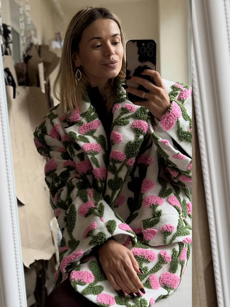 Chic Spring 3D Floral Women Coat Long Sleeve Turn-down Collar Pockets Single Breasted Female Jacket Casual Clothing High Street