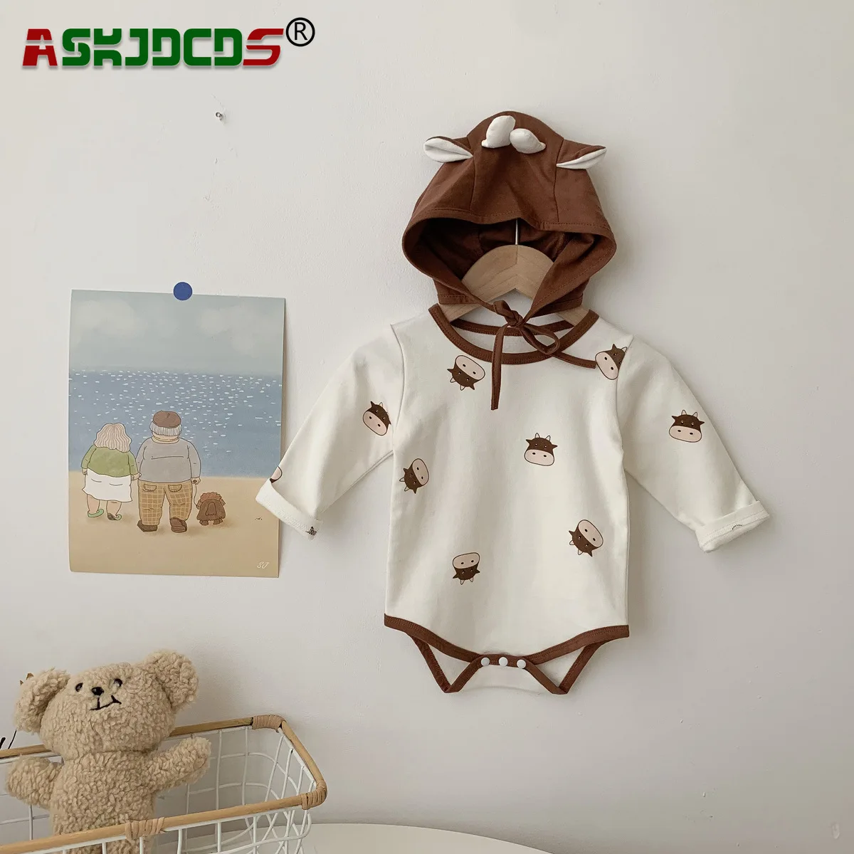 Autumn Newborn Baby Girls Boys Full Sleeve Cattle Print 1 Pieces Gift Hat Infant Kids Cotton Bodysuits Toddler Jumpsuits 0-24M