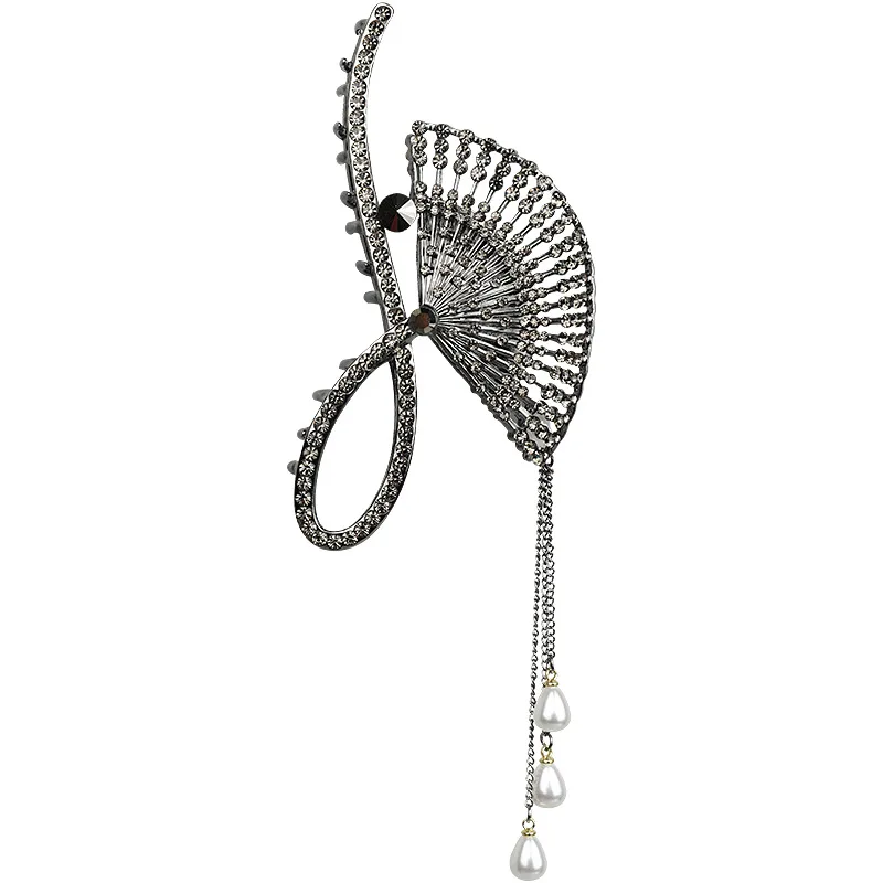 Large Vintage Fan Shaped Hair Claw Clips Rhinestone Faux Pearl Tassel Strong Hold Elegant Hair Accessories For Women Thick Hair