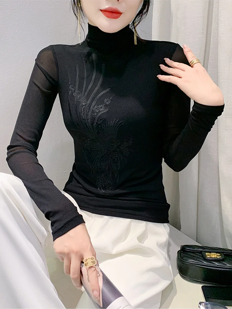 Ele Long Sve T-shirt ricamata Colletto alto da donna Patchwork Slim Fit Capispalla Base irt Commute Sle Stagione autunnale