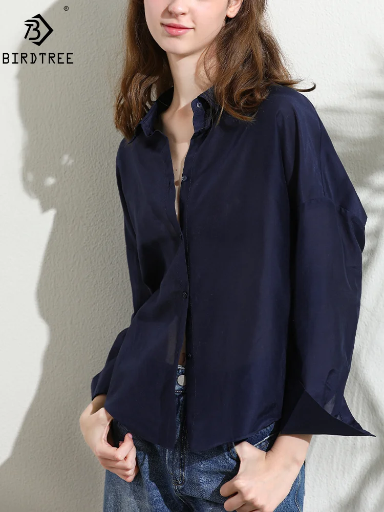 

BirdTree 30% Silk 70% Cotton Shirt for Women, Lapel Long Sleeve, Elegant Fashion Thin Blouse, 2024 Spring Autumn Tops T47186QM