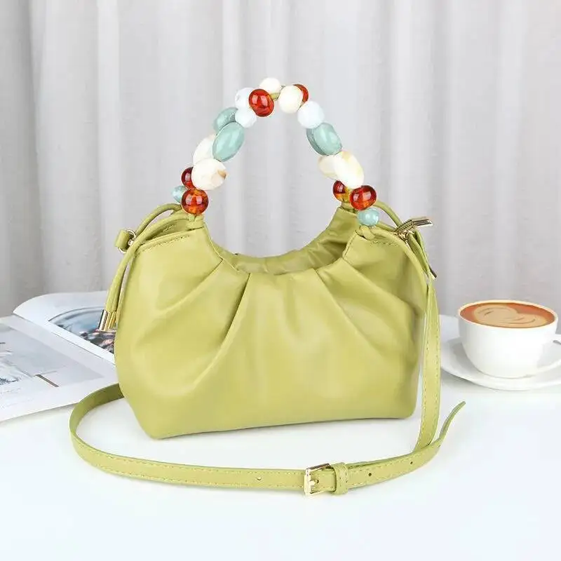 Bloom Elegant White Hand Purses Women Vintage Leather Beading Messenger Bag Female Haruku Casual Crossbody Bags Purse