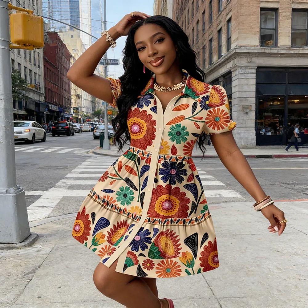 2026 Damen Sommer Blumenprint Hemdkleid Puffärmel Rüschensaum A-Linien-Minikleid