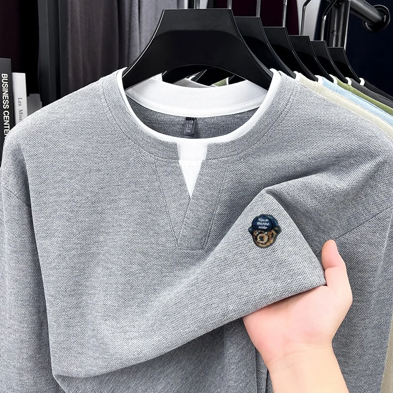 100% Baumwolle Herren Mode-Design Stickerei O-Ausschnitt T-Shirt Frühling Herbst Langarm Pullover Oberteile Business Komfort Herrenbekleidung – Detail 3