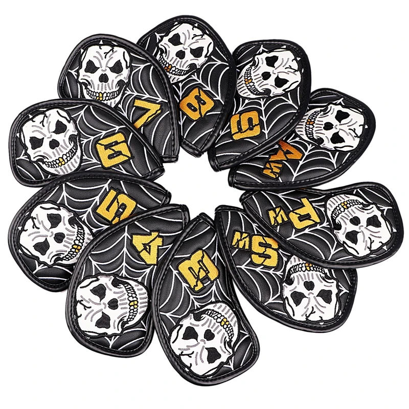 Golf Iron Head covers, Cartoon, Exquisite Embroidery, Digital PU Waterproof, Cover for Golf Irons, Clover, Skull, 10Pcs
