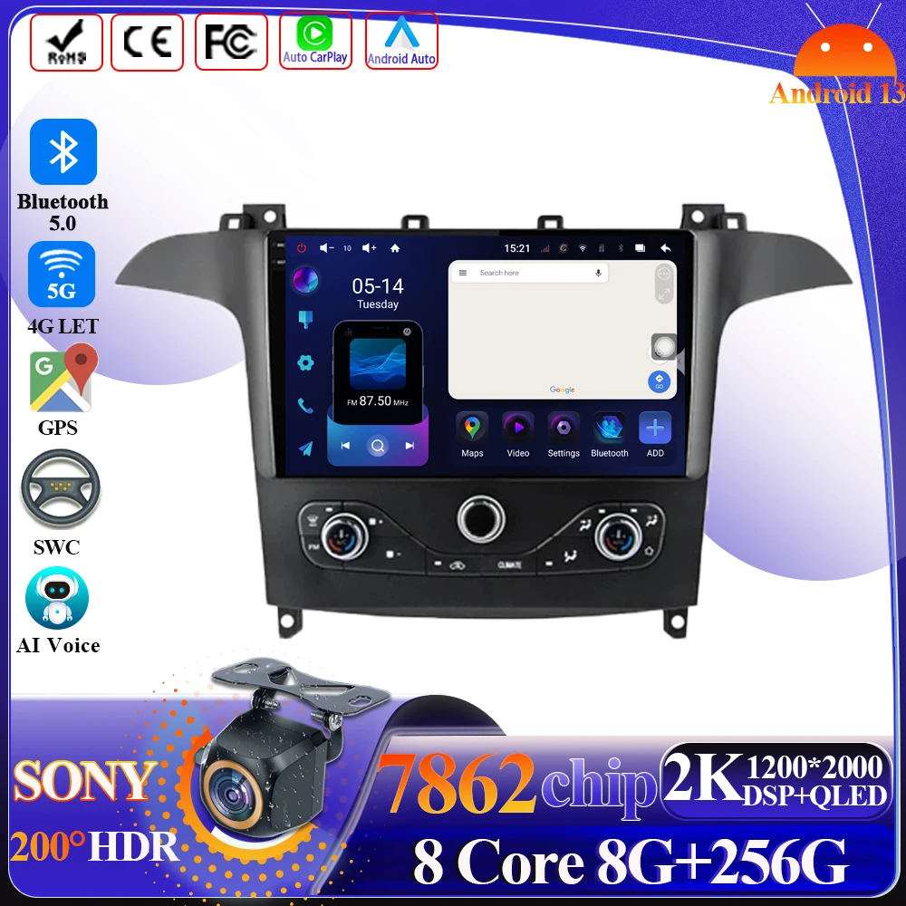 Rádio do carro de android 15 para ford s max S-MAX 2006-2015 para ford galaxy 2014 navegação gps tela android auto 5g estéreo wifi vídeo