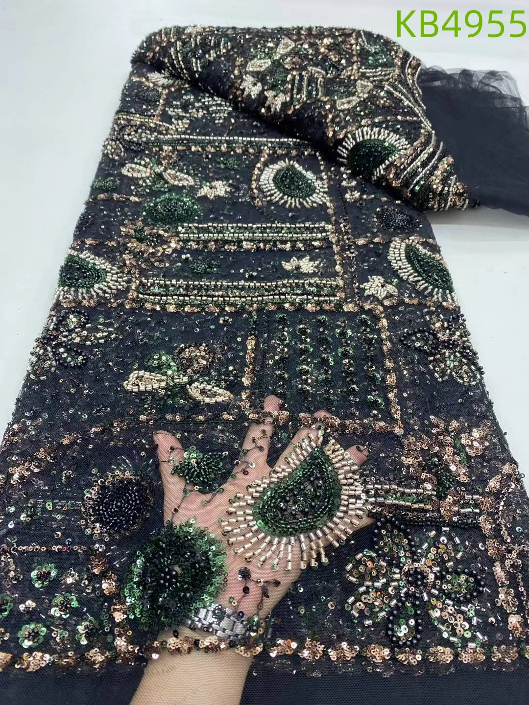 

5 Yards Dubai Lace Fabrics Quality 2024 African Beaded Tulle Lace Nigerian Green Fabrics Sequence For Wedding Dress Lace KB4955