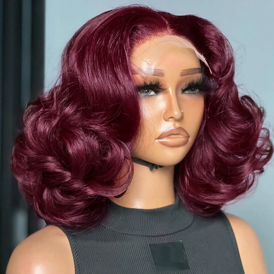 Perruques Courtes Bob Rouge Bourgogne 99J, Ondulées, avec Dentelle Frontale 13x4, Cheveux Humains Ondulés Souples, Dentelle HD Transparente, pour Femmes Noires