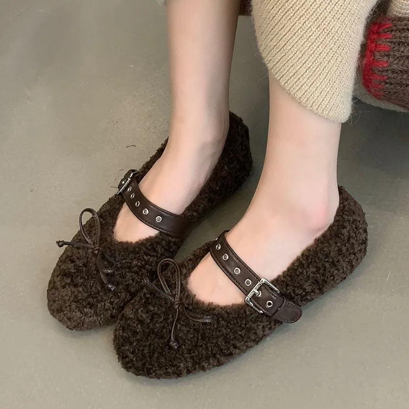 Female Shallow Butterfly-Knot Ladies Flats Mary Janes Warm Shoes Fashion Fur Footwear Buckle Strap Women Flats With Shoes