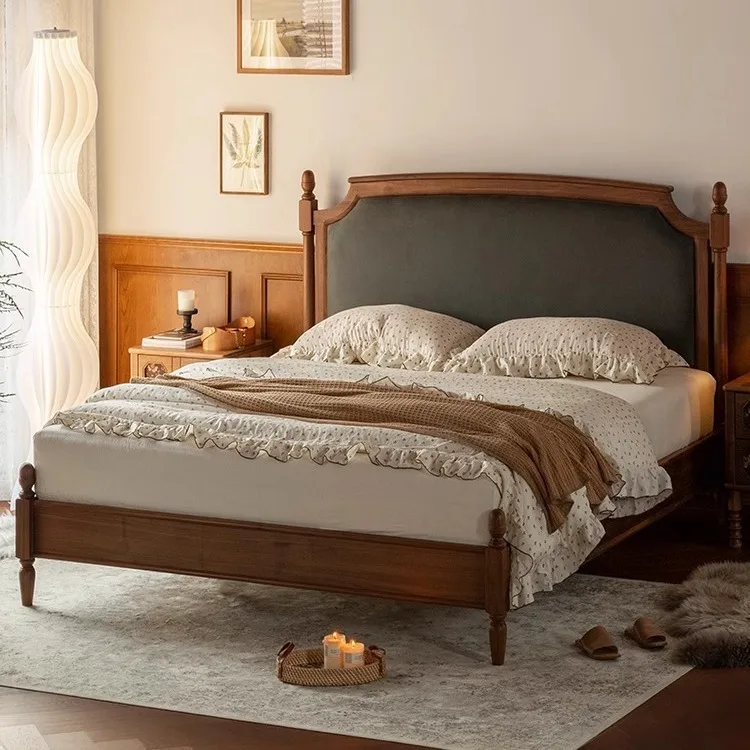 Black walnut solid wood bed 1.8 meters log bed, leather soft bed, double